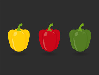 Flat icon three peppers with shadows. Yellow, red and green pepper on gray background. Vector illustration.