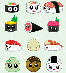 Japanese sushi food vector icons set