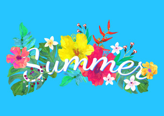 Fototapeta na wymiar Summer lettering on abstract hand painted tropical composition.V