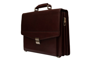 Brown leather briefcase. Isolated, white background.
