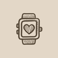 Smartwatch with heart sign sketch icon.