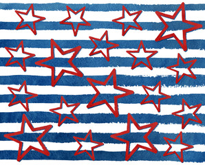 Watercolor grunge red stars on grunge watercolor blue stripes.