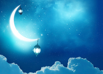Islamic greeting Eid Mubarak cards for Muslim Holidays.Eid-Ul-Adha festival celebration . Ramadan Kareem background.Crescent Moon and Lantern Lightning in sky