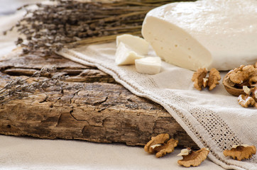 Country Breakfast with cheese and nuts. A rustic style.