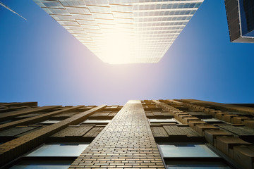 Looking up at skyscrapers in New York City