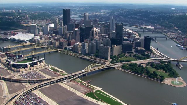 Looking back at Pittsburgh, Pennsylvania, from above Ohio River. Shot in 2003.