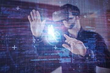 Composite image of blue and red technology interface