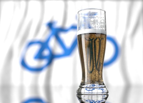 a glass of beer in front a bicycle flag. 3D illustration rendering