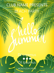 Summer Time Beach Party Poster. Summer vector illustration with  palm trees and palm leaves.