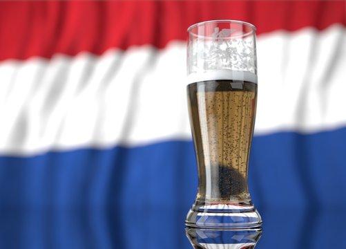 a glass of beer in front a netherlands flag. 3D illustration rendering.