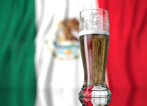 a glass of beer in front a mexican flag. 3D illustration rendering.
