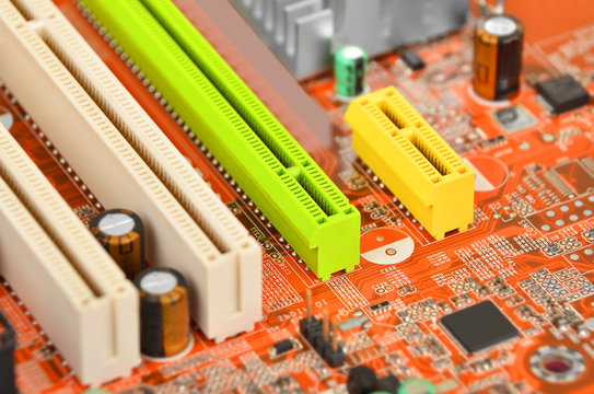 Printed computer motherboard with microcircuit, close up, DOF