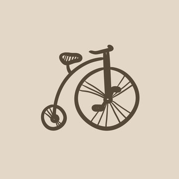 Old bicycle with big wheel sketch icon.