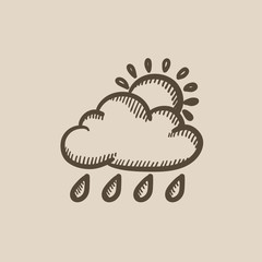 Cloud with rain and sun sketch icon.