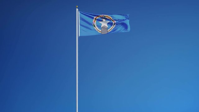 Northern Mariana Islands flag waving in slow motion against blue sky, seamlessly looped, long shot, isolated on alpha channel with black and white matte, perfect for film, news, digital composition