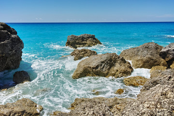 Big Rock in the blue waters of Megali Petra Beach, Lefkada, Ionian Islands, Greece