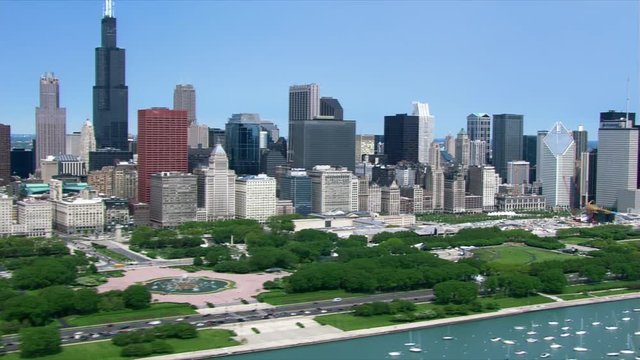 Chicago skyline viewed from flight along lakeshore. Shot in 2003.
