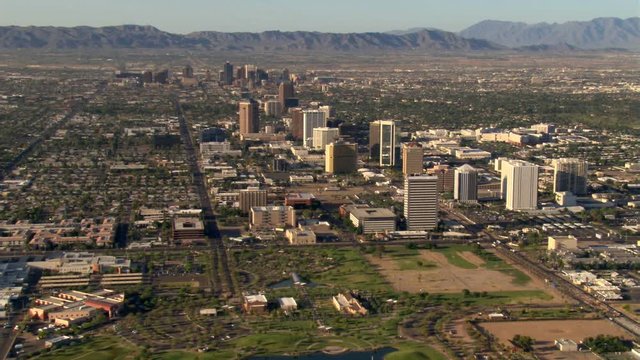 Wide approach toward skyscrapers of downtown Phoenix. Shot in 2007.