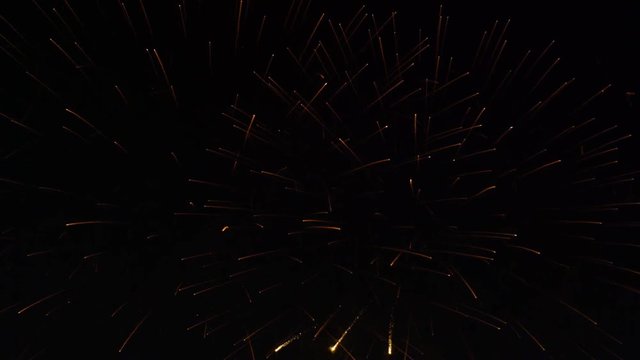 Firework rockets wriggle up from lower flame and burst in an aerial display, leaving a rain of sparks behind
