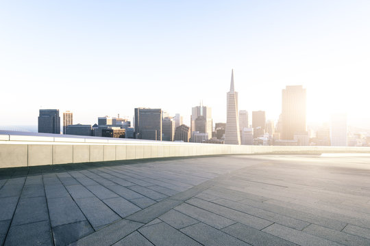 empty floor with cityscape and skyline of san francisco in sunny