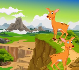 funny two deer cartoon with beauty mountain landscape background
