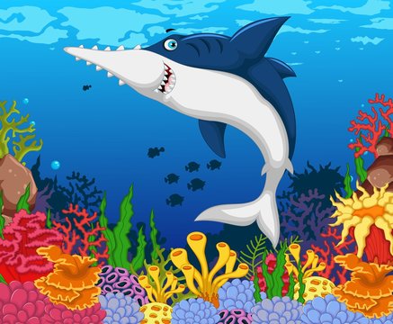 funny shark saws cartoon with beauty sea life background