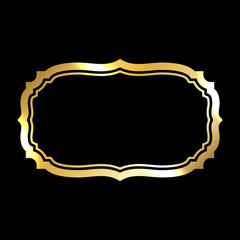 Gold frame. Beautiful simple golden design. Vintage style decorative border, isolated on black background. Deco elegant art object. Empty copy space for decoration, photo, banner. Vector illustration.