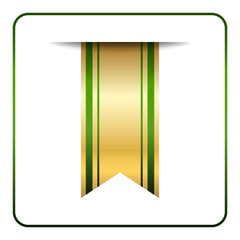 Green and gold bookmark banner. Vertical book mark, isolated on white background. Color tag, label. Flag symbol, sign. Design element blank. Empty sticker for sale. Template icon. Vector illustration