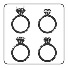 Diamond engagement ring icons set. Shiny crystal signs. Black circle silhouette isolated on white background. Flat fashion design element. Symbol engagement, gift, jewel, expensive Vector Illustration