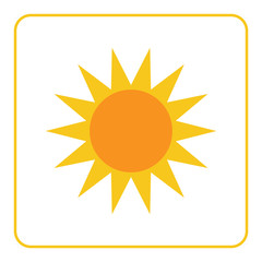 Sun icon. Light sign with sunbeams. Yellow design element, isolated on white background. Symbol of sunrise, heat, sunny and sunset, sunlight. Flat modern style for weather forecast Vector Illustration