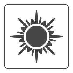 Sun icon. Light sign with sunbeams. Black design element, isolated on white background. Symbol of sunrise, heat, sunny and sunset, sunlight. Flat modern style for weather forecast. Vector Illustration