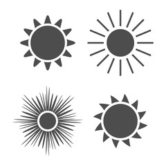 Sun icons set. Collection light gray signs with sunbeam. Design elements, isolated on white background. Symbol of sunrise, heat, sunny and sunset, morning, sunlight. Flat style. Vector Illustration.
