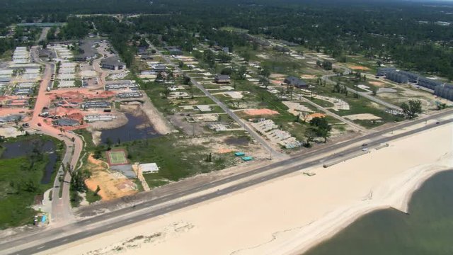 Aerial of streets with empty lots as a result of Hurricane Katrina's destruction