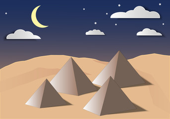 Night landscape of pyramid and desert with moon and star