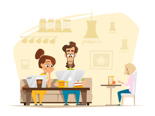 Two Students Sitting And Working With Laptop In Cafe Cafeteria