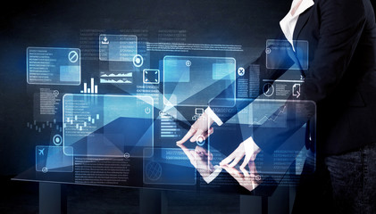 Man pressing technology smart table interface