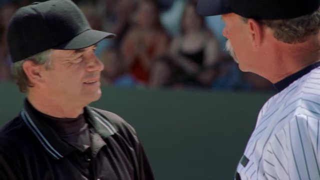Coach and umpire shaking hands at conclusion of amicable discussion