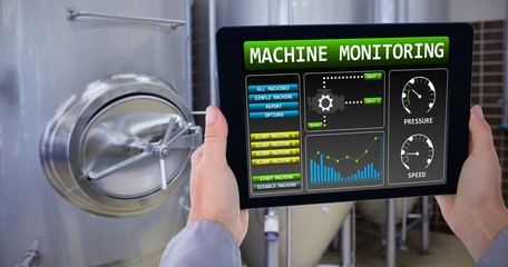 Composite image of cropped hand of man holding digital tablet