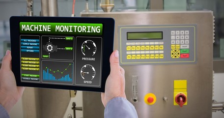 Composite image of cropped hand of man holding digital tablet