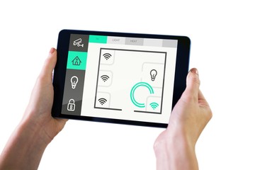 Composite image of finger pointing to tablet