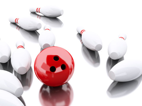 3d Bowling pins and red ball making a strike.