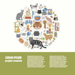 Cat characters and vet care icon set flat style. Graphic templat