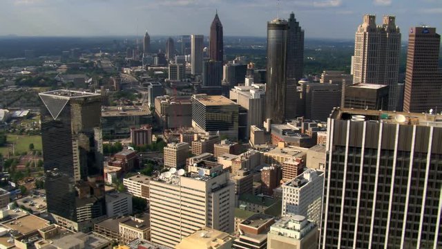 Flying north over skyscrapers in Atlanta, Georgia. Shot in 2007.