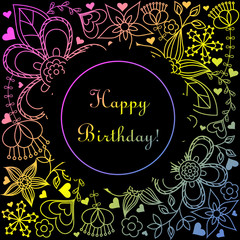 Happy birthday card with gradient hearts and flowers