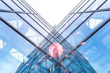red neuron on wall of modern buildings with glass wall in tokyo