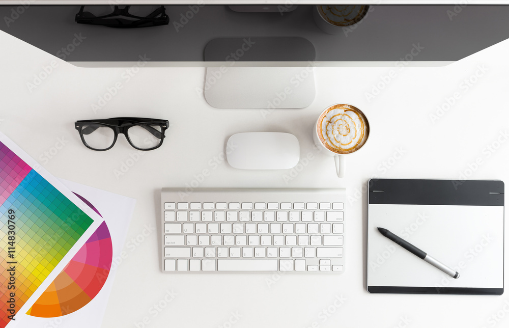 Poster designer workspace white table on top view