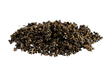 Heap  of dry green tea  on white background