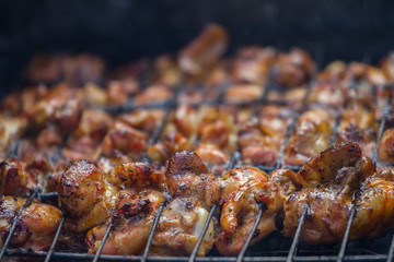 Shashlik chicken cooking on the grill macro