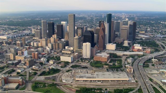 Slow aerial approach to skyscrapers of downtown Houston. Shot in 2007.