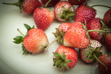 Small white filled with succulent juicy fresh ripe red strawberr